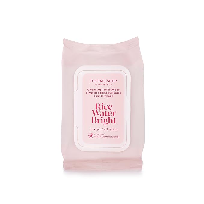 The Face Shop Rice Water Bright Makeup Remover Wipes for Face with Rice Extract, Brightening, Moisturizing, Infused with Cleansing Milk, Vegan Disposable Cleansing Facial Wipes, Korean Skin Care