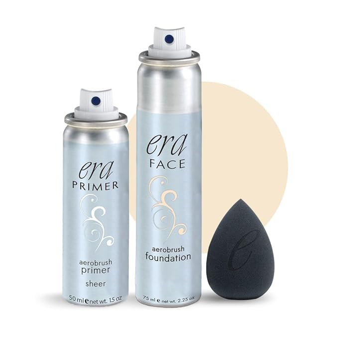 ERA Beauty Essentials Airbrush Makeup Collection (Era Face spray on Foundation - Y1 Vanilla + Era Primer + Sponge)