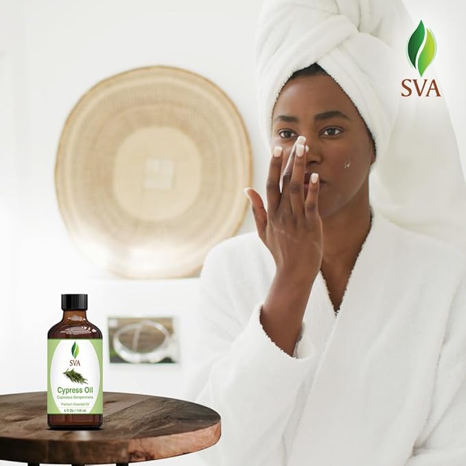 SVA Cypress Essential Oil – 4 Fl Oz – 100% Natural Cypress Oil - for Diffuser, Hair Care, Face, Skin Care, Aromatherapy, Scalp and Body Massage, Soap and Candle Making – with Dropper
