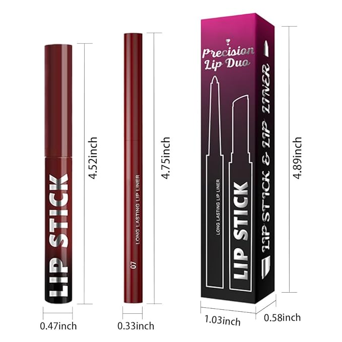 AMY'S DIARY 2Pcs Deep Red Lipstick and Lip Liner Combo, Lip Liner and Lip Stick Kit for Women, Matte Lip Pencil and Smooth Hydrating Lipstick, Non-Stick Lip Makeup Set (07#Wine Red)