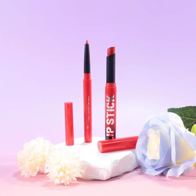 AMY'S DIARY 2Pcs Ruby Red Lipstick and Lip Liner Combo, Lip Liner and Lip Stick Kit for Women, Matte Lip Pencil and Smooth Hydrating Lipstick, Non-Stick Lip Makeup Set (06#)