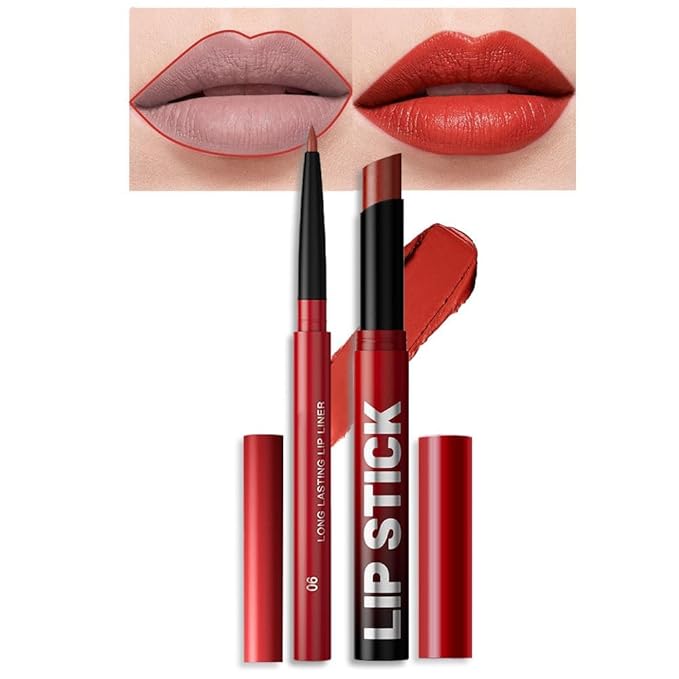 AMY'S DIARY 2Pcs Ruby Red Lipstick and Lip Liner Combo, Lip Liner and Lip Stick Kit for Women, Matte Lip Pencil and Smooth Hydrating Lipstick, Non-Stick Lip Makeup Set (06#)