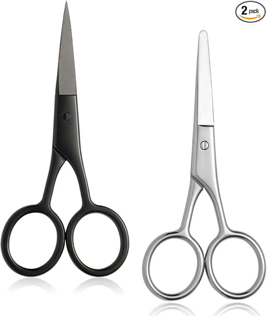 2PCS Small Grooming Scissors for Men and Women, Facial Hair Trimming Scissors with Straight & Rounded Safety Tips for Eyebrows, Nose Hair, Beard, Mustache, Eyelashes, and Ear Hair - Silver & Black