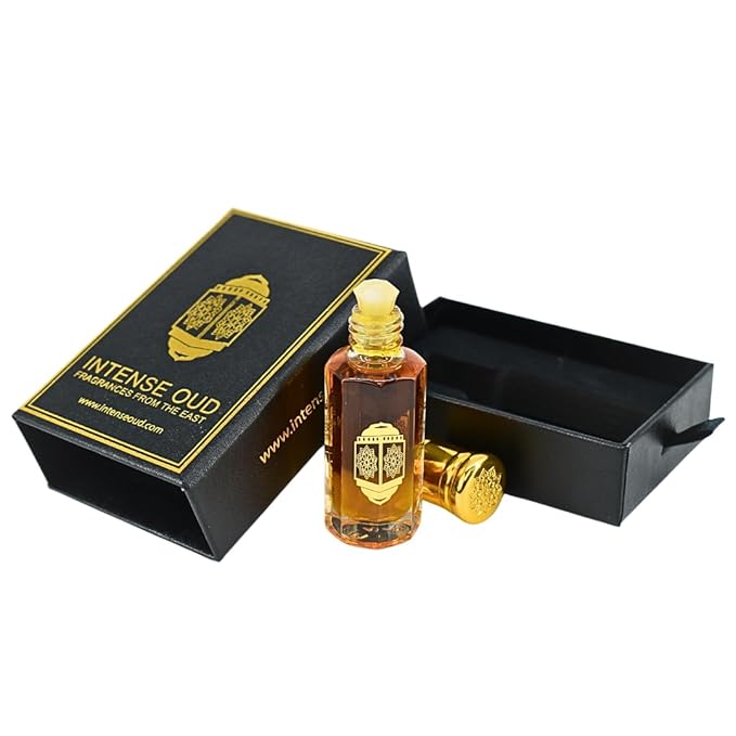 INTENSE OUD Mukhalat Malaki Arabian Perfume Oil for Men & Women, Long Lasting Alcohol-Free Concentrated Fragrance, 12ml (0.40 oz) in Black Gift Box, Rose & Vanilla Notes
