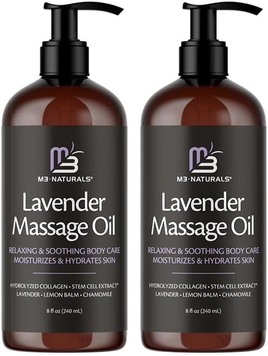 Lavender Massage Oil with Collagen and Stem Cells - Skin Firming Therapy Oil for Cellulite and Quick Absorption on Bum, Thighs, and Belly, 8 fl oz (Pack of 2) by M3 Naturals