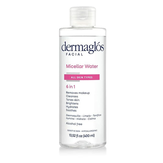 Dermaglos Micellar Water for All Skin Types Even Sensitive | All In 1 Hydrating Facial Cleanser & Makeup Remover, Brightening, Soothing, Gentle Face Toner | Alcohol-Free Formula | 13.52 Fl Oz