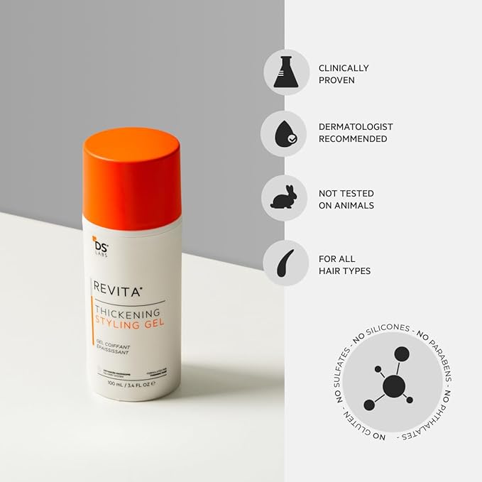 DS Labs Revita Hair Styling Gel for All Hair Types - Medium Hold, Volumizing & Thicker Looking Finish, With Ginseng, Zinc & Caffeine, Water Based, No Flakes or Residue, 3.4 Fl Oz