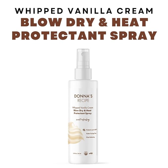 Donna's Recipe by Tabitha Brown | Whipped Vanilla Cream Blow-Dry & Heat-Protectant Spray – 450 °F Protection, Faster Drying, Frizz Control – 5.5 fl oz