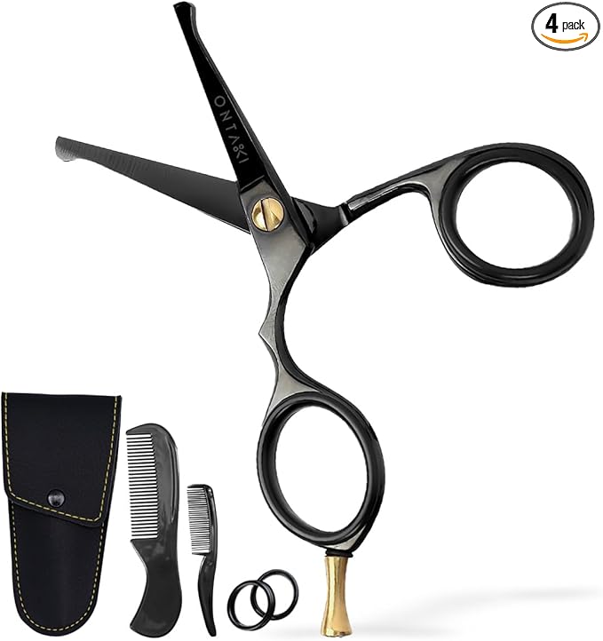 Ontaki Mustache Scissors - 4.2" Black Japanese Steel - Beard & Nose Hair Trimming Scissors for Men - Rounded Tip Ergonomic Handles - Hand-Forged Mustache Grooming Kit