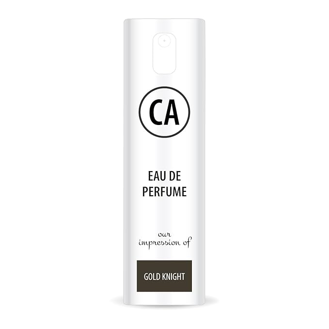 CA Perfume Impression of Gold Knight for Men Eau De Parfum Amber Woody Scent Long Lasting Cologne for Men Travel Size TSA Ready for Day and Night Wear 0.33 Fl Oz 10ml