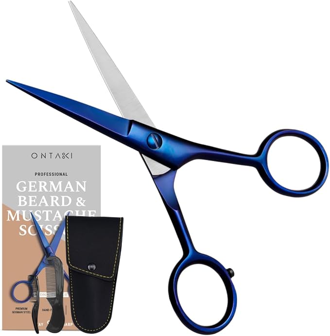 Ontaki Facial Hair Scissors - 5 Inch, Midnight Blue - High-Carbon German Steel Grooming Scissors for Beard & Mustache with Mustache Comb, Beard Comb & Leather Pouch