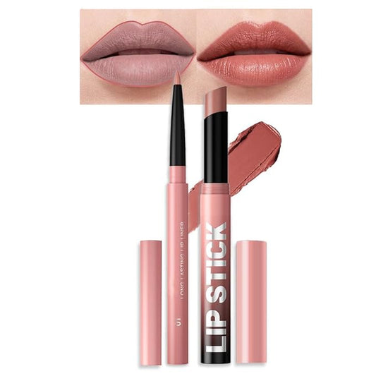 AMY'S DIARY 2Pcs Nude Matte Lipstick and Lip Liner Combo, Lip Liner and Lip Stick Kit for Women, Matte Lip Pencil and Smooth Hydrating Lipstick, Non-Stick Lip Makeup Set (01#Dusty Rose)