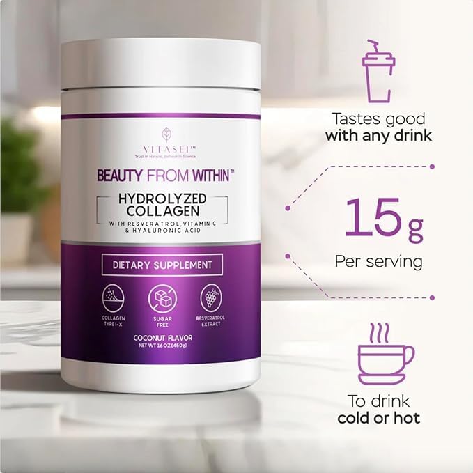 Hydrolyzed Collagen Peptides Powder with Vitamin C & Resveratrol - Hair, Skin and Nails Vitamins for Women & Men - Sugar Free - Coconut Flavored - 16 oz
