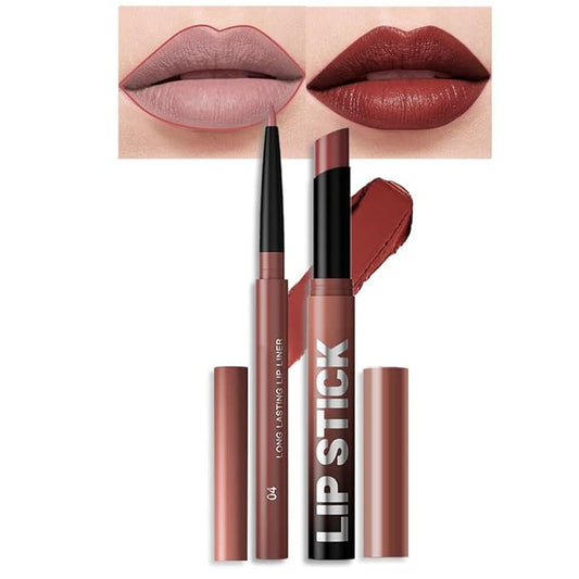 AMY'S DIARY 2Pcs Mauve Brown Lipstick and Lip Liner Combo, Lip Liner and Lip Stick Kit for Women, Matte Lip Pencil and Smooth Hydrating Lipstick, Non-Stick Lip Makeup Set (04#Mauve Brown)