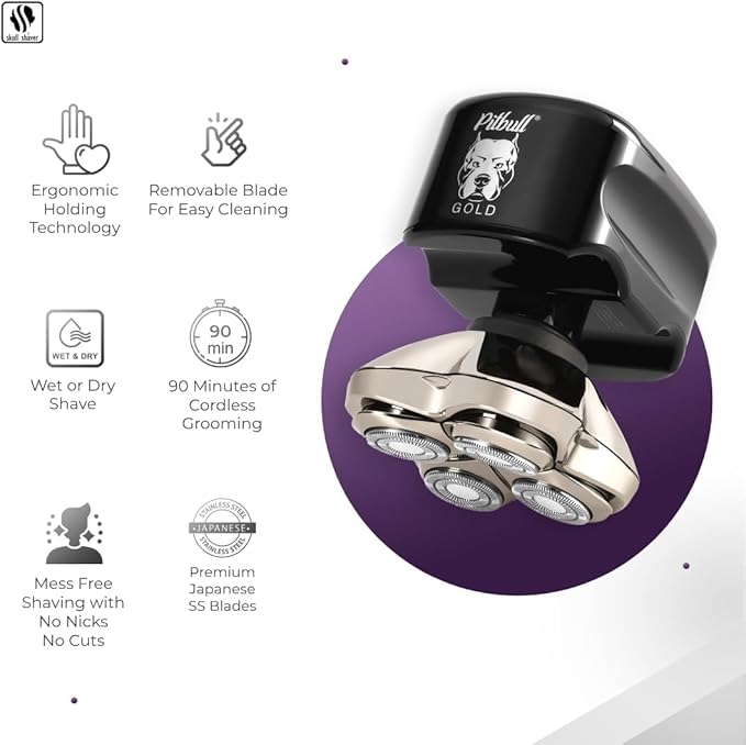 Skull Shaver Pitbull Gold PRO Head & Face Shaver - Premium Cordless Electric Shaver - for Wet & Dry Shaving - Features LED Battery Display - Comes with Travel Pouch