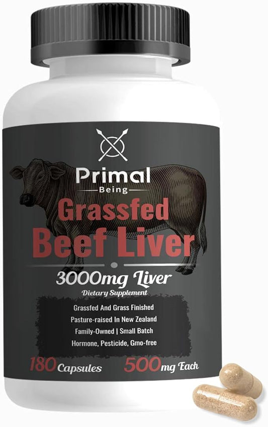 Primal Being Grassfed Beef Liver - 3000mg Freeze Dried Capsules - Pasture Raised in New Zealand - Natural Beef Organ Supplement - Liver Supplement for Energy and Wellness - 180 Count