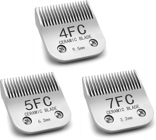 Docal Detachable Clipper Ceramic Blades 4FC/5FC/7FC Silver, Dog Grooming Clipper Replacement Blades Compatible with KM Series Clippers, Most A5, Size-4FC/5FC/7FC, Cut Length 3.2mm to 9.5mm, 3 Packs