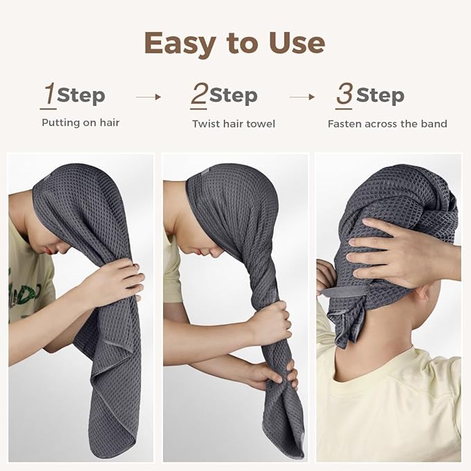 HOMEXCEL 2 Pack XL Microfiber Hair Towels Waffle Weave- 40 x 26.5 inches Fast Drying Turbans for Long, Thick, Curly Hair - Anti Frizz Wrap with Elastic Strap, Black/Grey