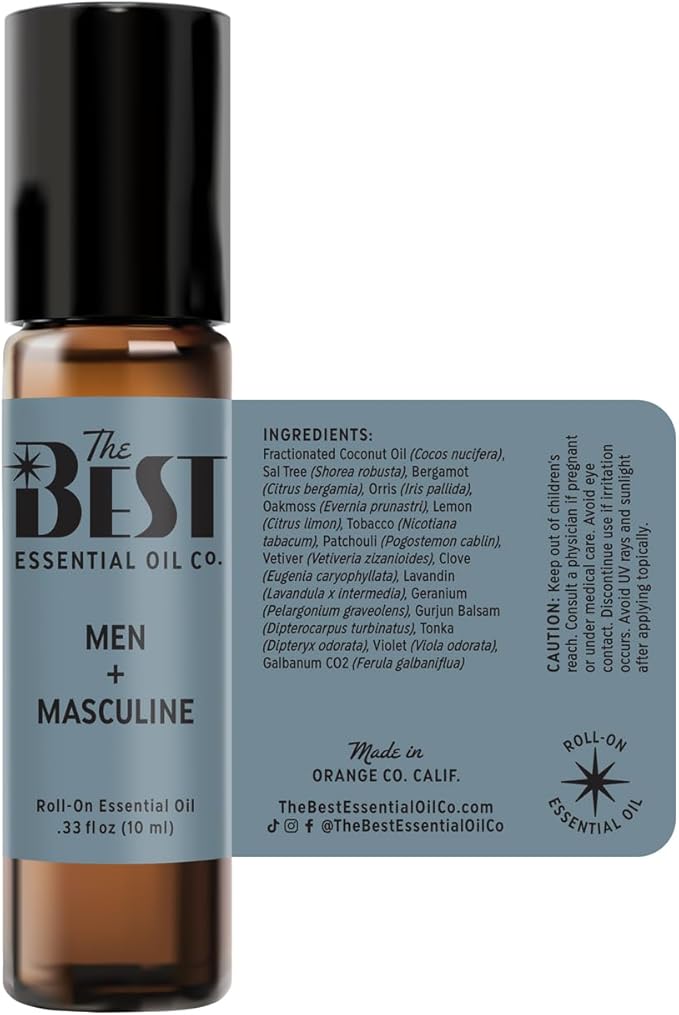 The Best Men + Masculine Essential Oil Roll-On Blend- Premium Grade- Pre-Diluted in Coconut Oil- Ready to Use- 10 ml (.33 fl oz)