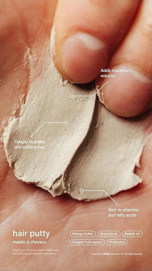 Jack Henry Hair Putty – Natural Matte Finish Styling Paste for Men – Medium Hold, Lightweight, Non-Greasy – With Mango Butter & Broccoli Seed Oil for Nourishment – 1.7 oz