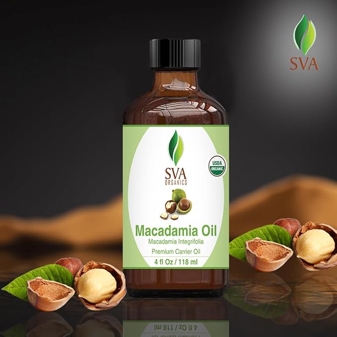 SVA Macadamia Seed Oil Organic - 4 Fl Oz – 100% Natural Cold Pressed Organic Macadamia Oil - for Face, Skin Care, Hair Care, Scalp Massage & Body Massage – Carrier Oil with Dropper