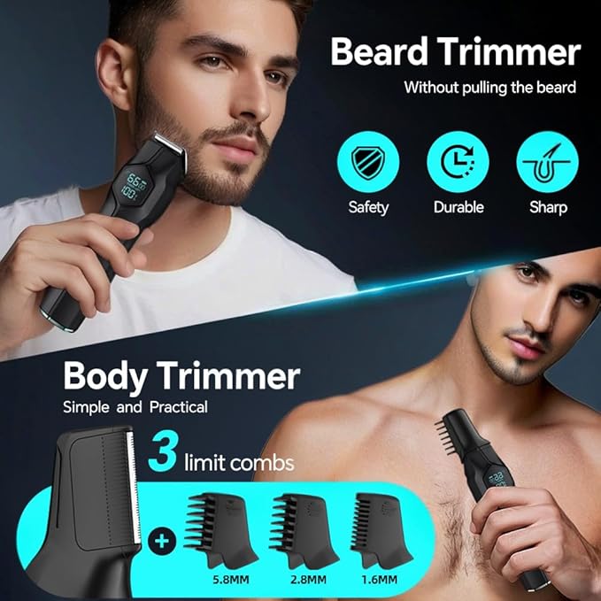 5-in-1 Electric Beard Trimmer Body Hair Trimmer Kit, Professional Cordless Hair Clippers for Men Rechargeable, IPX7 Waterproof Mens Grooming Kit for Face, Mustache, Body, Nose, Gifts for Men (Black)