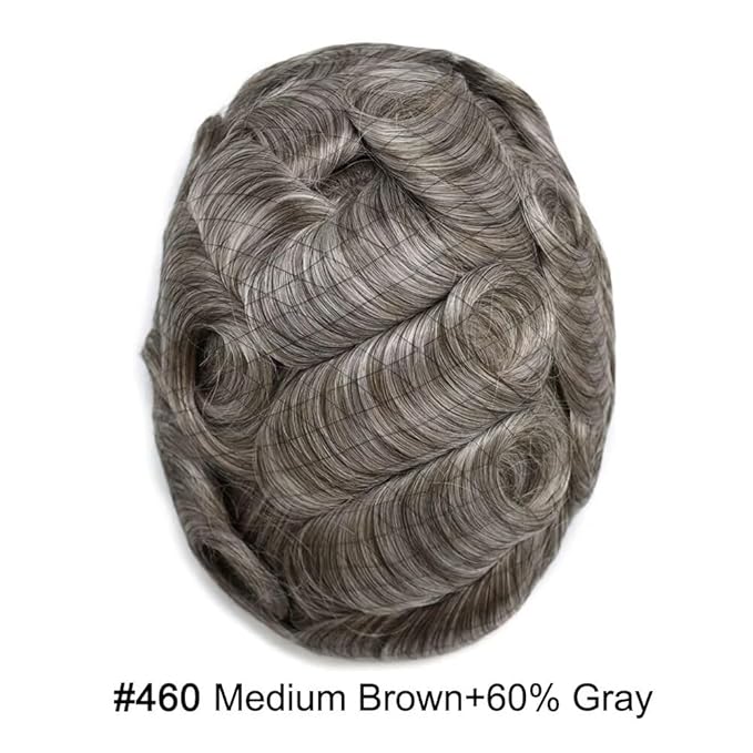 FACE MIRACLE Toupee for Men French Lace Hairpiece Human Hair Replacement System Skin PU Mens Toupee Hair Wigs for Man V-Looped Front Hair Prosthesis 6"X9" #460 Medium Brown with 60% Gray