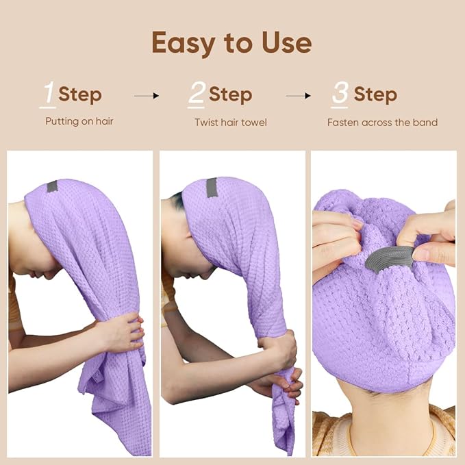 HOMEXCEL 5 Pack Microfiber Hair Towels - 40 x 20 inches Super Soft, Fast Drying Turbans for Long, Thick, Curly Hair - Anti Frizz Wrap with Elastic Strap, Purple/Blue/Grey