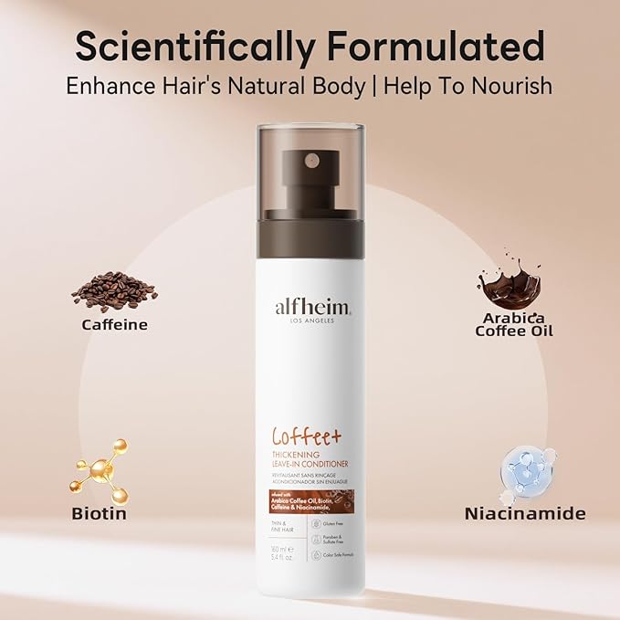 ALFHEIM Coffee+ Thickening Leave-in Spray for Fine & Thinning Hair with Caffeine, Biotin & Arabica Coffee Oil – Strengthening, Volumizing & Heat-Protecting Formula – Sulfate-Free – 5.4 oz / 160 ml