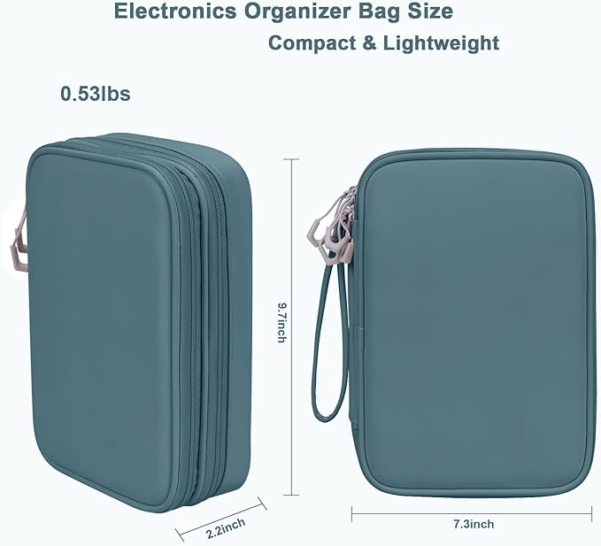 DDgro Electronics Travel Organizer Case for Cables/Cords/Chargers/Tech Essentials, Double Layers (Aqua Blue, PU-Large)