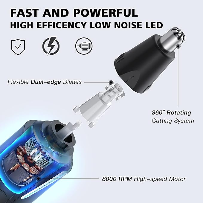 Nose Hair Trimmers for Men，Rechargeable Hair Trimmer 3 in 1 Painless Multifunctional Ear and Nose Hair Trimmer with IPX7 Waterproof Dual Edge Blades (Ink Black)