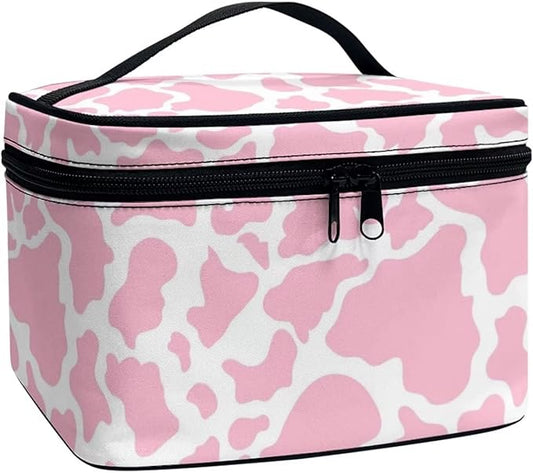 JoyLamoria Pink Cow Print Cosmetic Bag Portable Makeup Case Tote Pouch Accessories