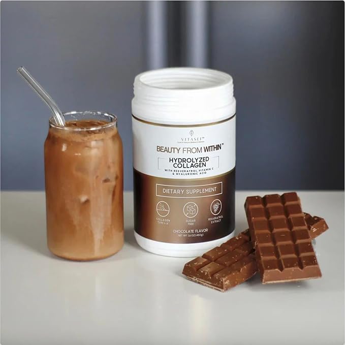 Hydrolyzed Collagen Peptides Powder with Vitamin C & Resveratrol - Hair, Skin and Nails Vitamins for Women & Men - Bone and Joint Supplement - Chocolate Flavored - 16 oz