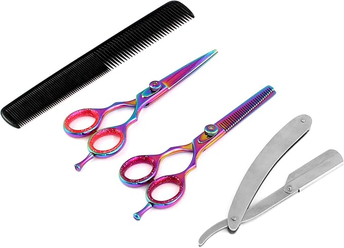 G.S Professional Titanium Barber Scissor Razors Edge Hair Cutting 5 Pcs Set 5.5" Barber Shears W/5.5" Texturizing/Thinning Shears Made of Japanese Stainless Steel with Black Leather Case