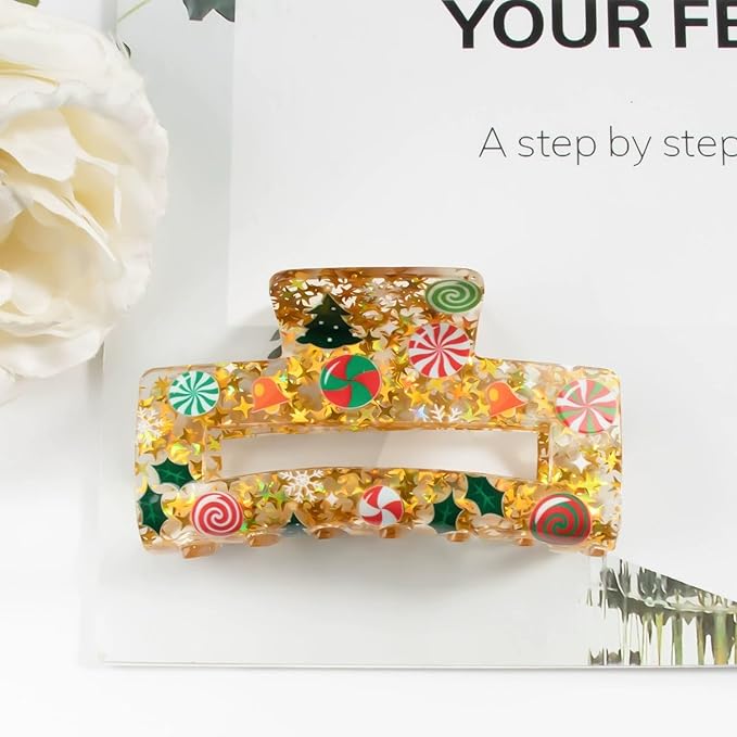 Christmas Hair Clips, Square Hair Claw Clips for Thick/Thin Hair, Yellow Glitter Cane Candy Christmas Tree Design Medium Claw Clips, Strong Hold & Non-Slip Hair Styling Accessories for Xmas 1PCS