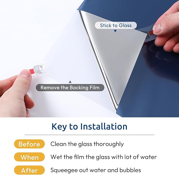 rabbitgoo Window Privacy Film One Way Window Tint for Home, Removable Reflective Heat Sun Blocking Anti UV Glass Door Covering, Mirror Tinting Film House Office, 23.6 in X 6.5 Feet, Blue Silver