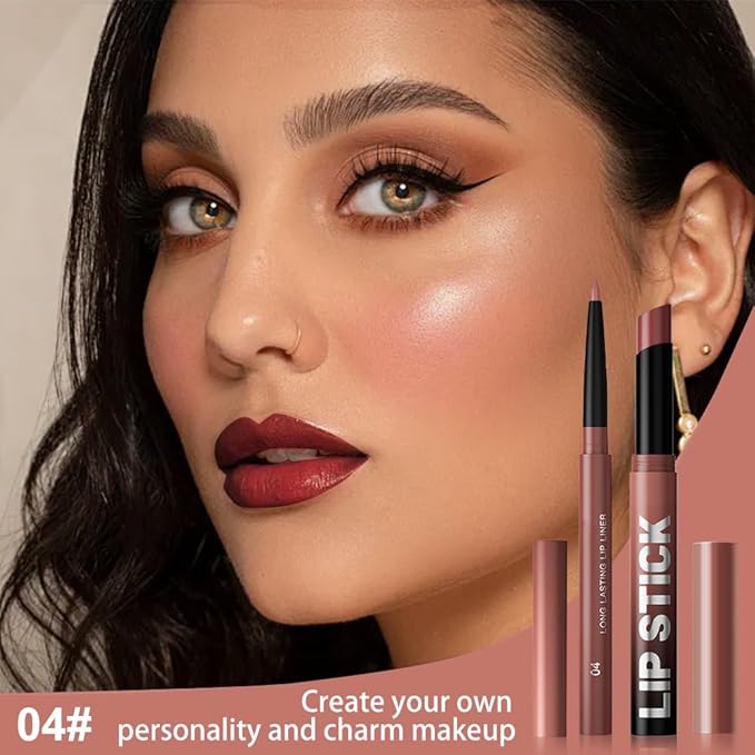 AMY'S DIARY 2Pcs Mauve Brown Lipstick and Lip Liner Combo, Lip Liner and Lip Stick Kit for Women, Matte Lip Pencil and Smooth Hydrating Lipstick, Non-Stick Lip Makeup Set (04#Mauve Brown)
