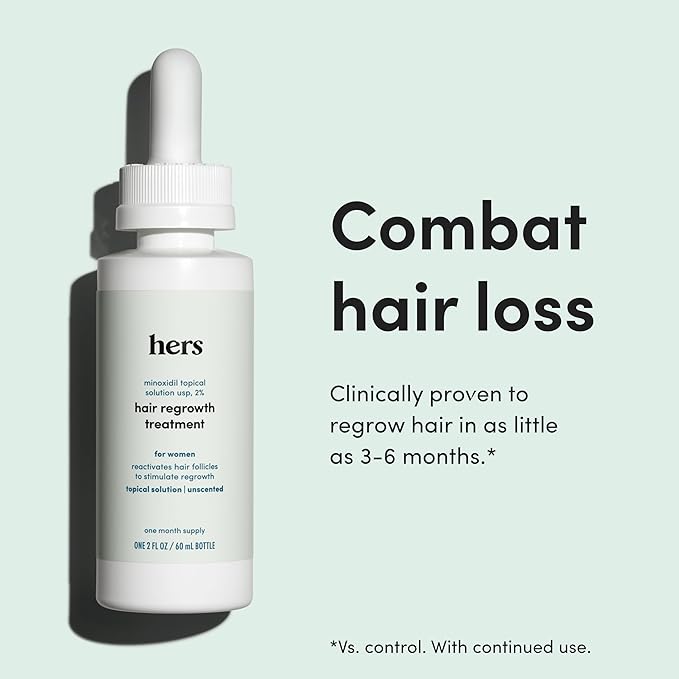 hers Hair Regrowth Treatment - Topical Minoxidil 2% Solution for Women - Supports Thicker, Fuller Hair - Non-Greasy - Unscented, 2 Pack