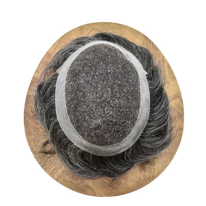 Mens Toupee Human Hair Piece French Lace Toupee for Man Hair System Indian Human Hair Replacement Systems V-Looped PU Front Hairpieces 7"X9" #1B30 1B# OFF BLACK WITH 30% SYNTHETIC GREY