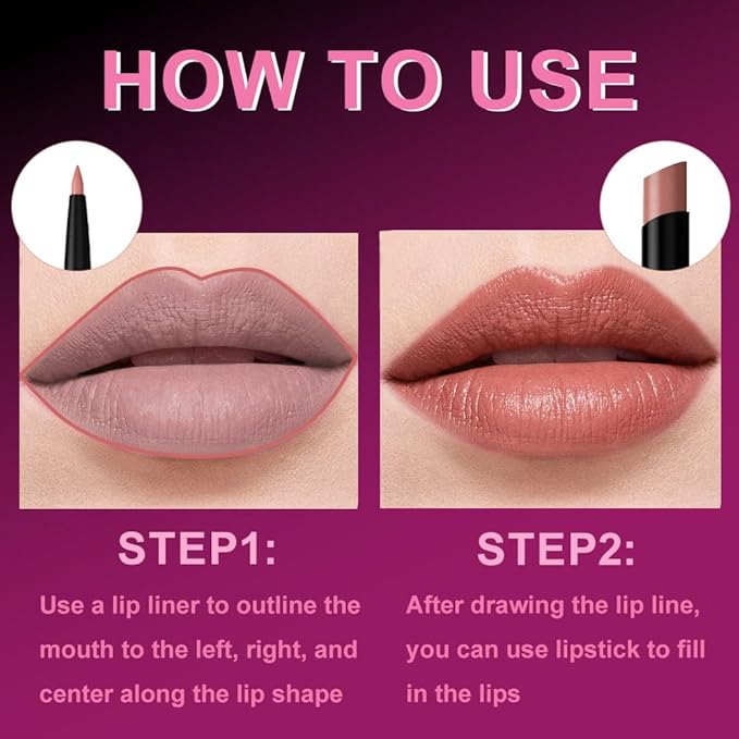 AMY'S DIARY 2Pcs Nude Matte Lipstick and Lip Liner Combo, Lip Liner and Lip Stick Kit for Women, Matte Lip Pencil and Smooth Hydrating Lipstick, Non-Stick Lip Makeup Set (01#Dusty Rose)