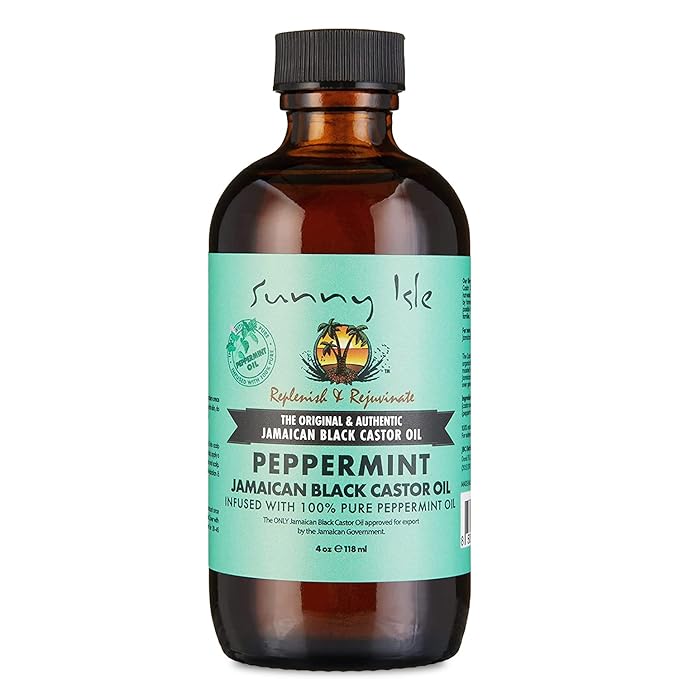 Sunny Isle Jamaican Black Castor Oil with Peppermint 4oz | Promotes Longer, Thicker, Hair | Soothes Dry Itchy Scalp | Moisturizes Skin & Helps with Eczema, Psoriasis and Muscle Aches