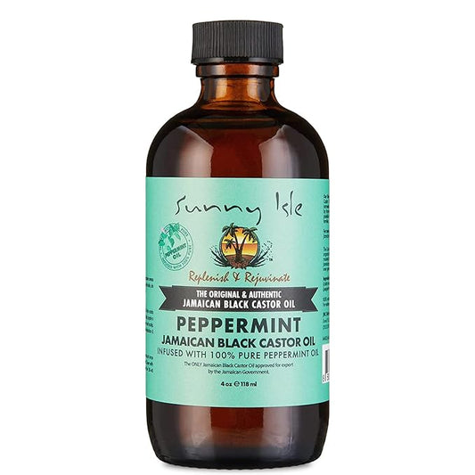 Sunny Isle Jamaican Black Castor Oil with Peppermint 4oz | Promotes Longer, Thicker, Hair | Soothes Dry Itchy Scalp | Moisturizes Skin & Helps with Eczema, Psoriasis and Muscle Aches