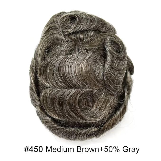 FACE MIRACLE Mens Toupee Lace Front Hairpieces Soft Human Hair Replacement System Natural Hairline Toupee for Men French Lace Poly V-Looped Mens hair Units 6"X8" #450 Medium Brown with 50% Gray