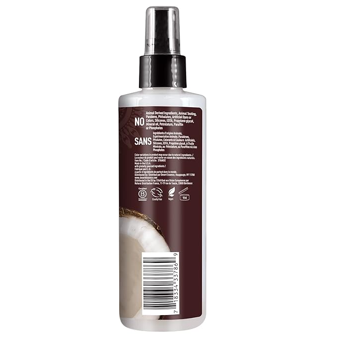 Desert Essence Coconut Hair Defrizzer & Heat Protector 8 fl oz - Gluten Free, Vegan, Cruelty Free - Coconut Oil & Jojoba Seed Extract - Protects Hair from Heat & Styling Damage