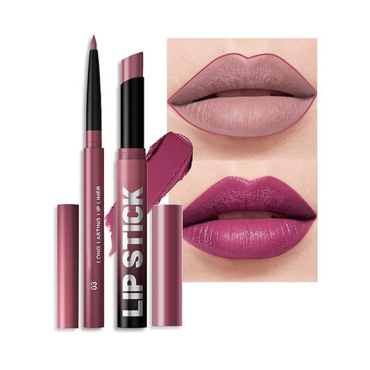 AMY'S DIARY 2Pcs Pink Purple Lipstick and Lip Liner Combo, Lip Liner and Lip Stick Kit for Women, Matte Lip Pencil and Smooth Hydrating Lipstick, Non-Stick Lip Makeup Set (03#Magenta Pink)