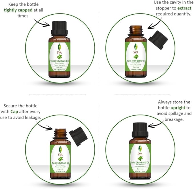 SVA Holy Tulsi Essential Oil – 1/3 Fl Oz – 100% Natural Tulsi Oil - for Diffuser, Hair Care, Face, Skin Care, Aromatherapy, Scalp and Body Massage, Soap and Candle Making
