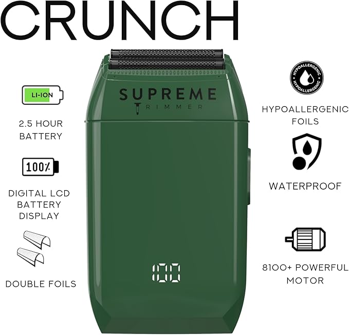 Supreme Trimmer Crunch STF602 – Waterproof Double Foil Shaver for Men | 150 Min Runtime, Wet/Dry Cordless & Corded Electric Razor | Hypoallergenic Foils for Face, Head & Stubble