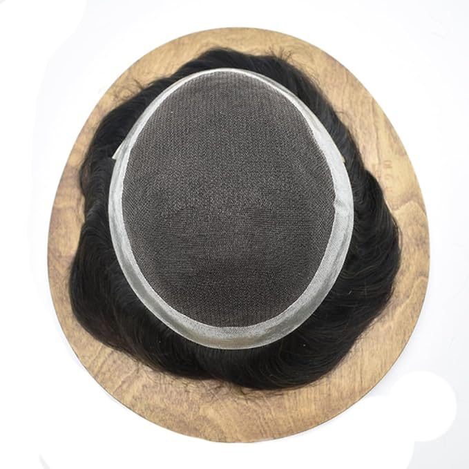 Toupee for Men French Lace Center Human Hair Replacement Systems Transparent Lace Center Hair Piece Mens Toupee Hair Units for Man 8"X10" #1B10 1B# OFF BLACK WITH 10% SYNTHETIC GREY