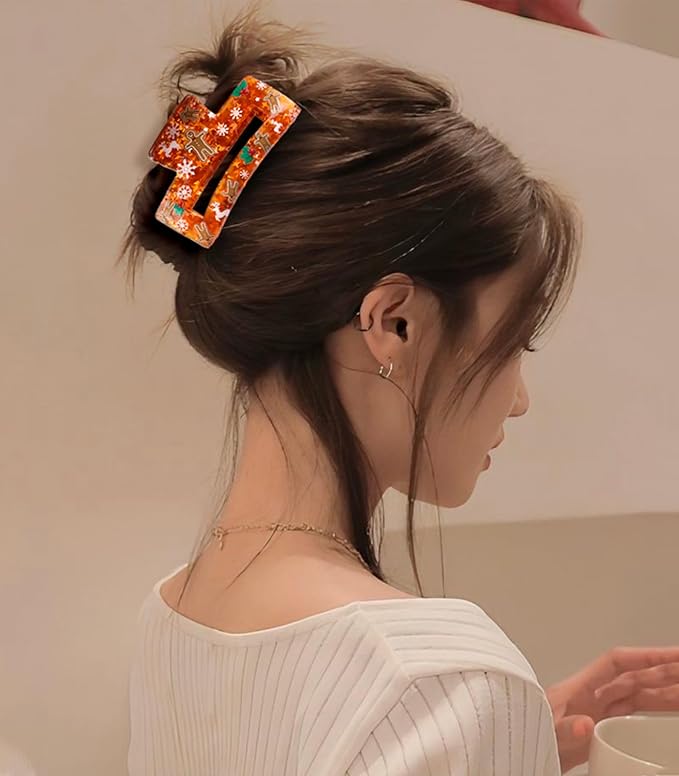 Christmas Hair Clips, Square Hair Claw Clips for Thick/Thin Hair, Orange-Red Glitter Gingerbread Man Snowflake Design Medium Claw Clips, Strong Hold & Non-Slip Hair Styling Accessories for Xmas 1PCS