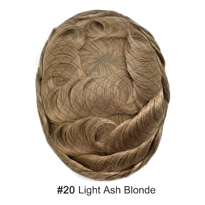 Toupee for Men French Lace Center Human Hair Replacement Systems Transparent Lace Center Hair Piece Mens Toupee Hair Units for Man V-Looped Front Male Hair Prosthesis 6"X8" #20 light ash blonde